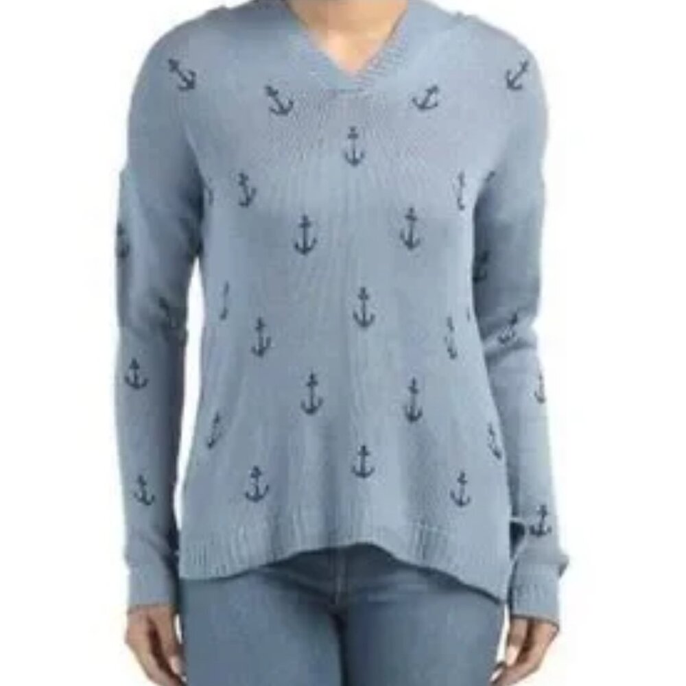 Marled NWT Super Soft Blue Acrylic Nautical Anchor Print Hooded Sweater Size M